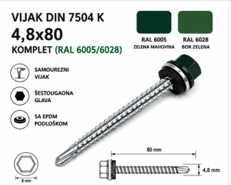 VIJAK DIN 7504 K 4,8x80 KOMPLET (RAL 6005/6028)
